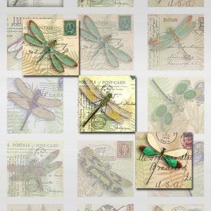 Libelle Vintage Postkarten Sofort Download 1 und 2 Zoll Harz Glas Scrabble Tile Anhänger Quadrat JPEG Digitalbilder (J-5)