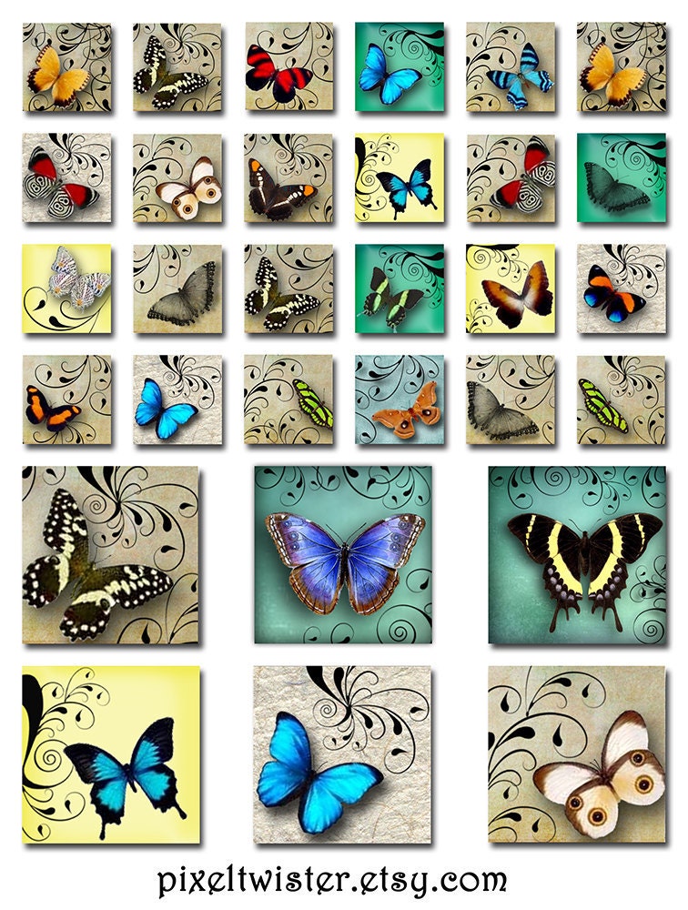 Butterflies Swirls 1 Inch and 2 Inch Squares Instant Download Digital ...