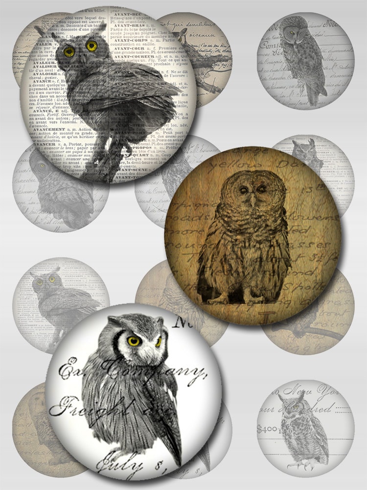 Owls Ephemera Vintage Instant Download for Glass Resin Pendants 2,1 Inch Round Circle Jpeg Images (S
