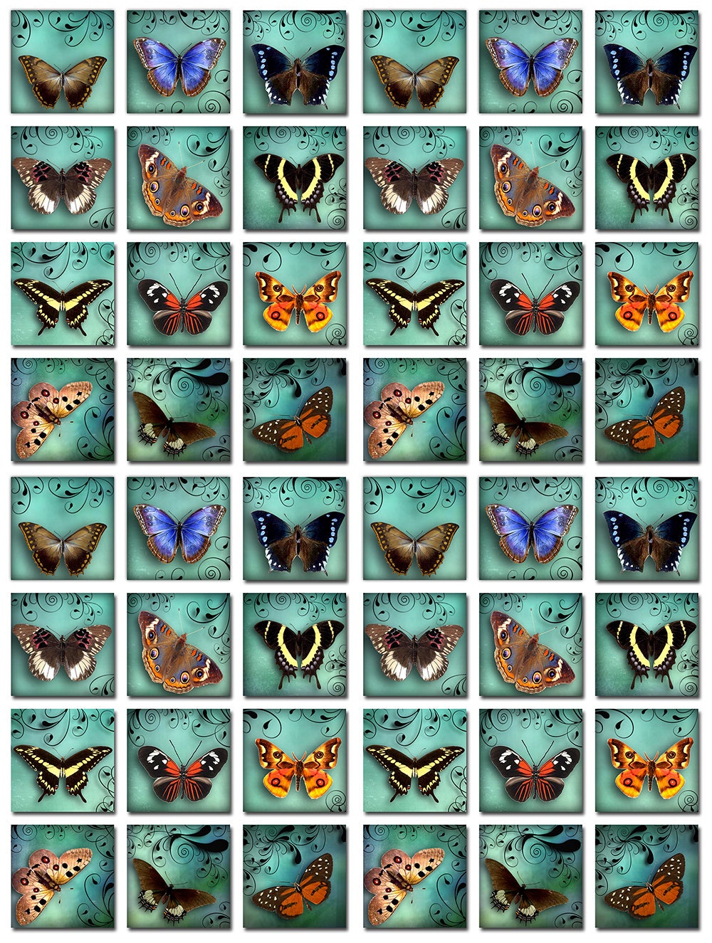 Butterflies Swirls Turquoise Water Color 1 and 2 Inch Square Instant ...