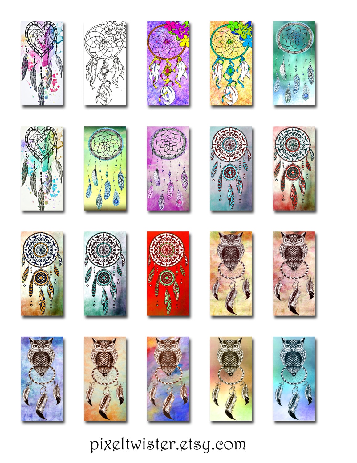 Dream Catcher Owl Feathers Web 1x2 Inch Domino Size Digital Instant Download JPEG Images (16-19)