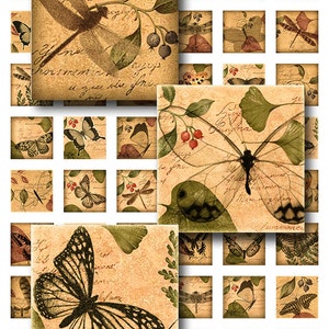 Dragonfly Butterflies Woodland Theme Squares Instant Download 1 Inch Resin Glass Scrabble Tile Pendants Digital JPEG Images MA-21 image 1