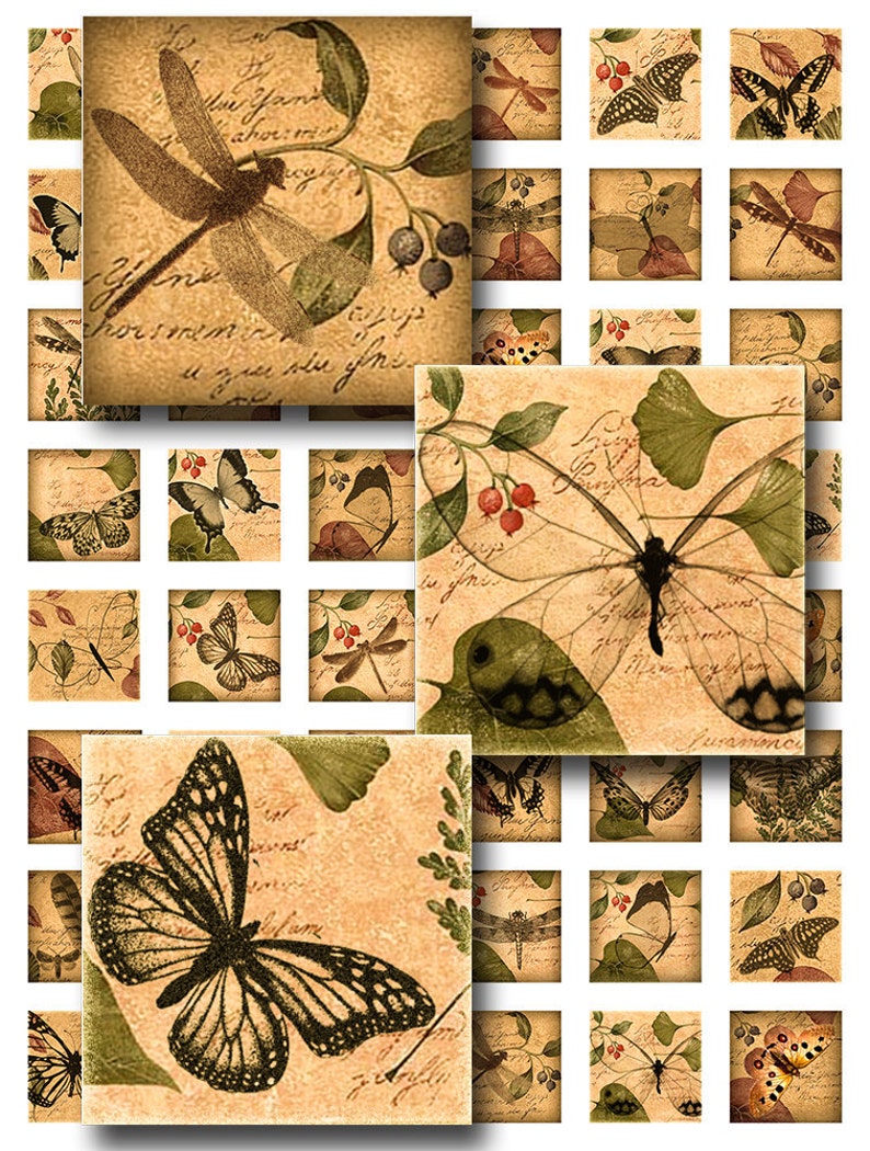 Dragonfly Butterflies Woodland Theme Squares Instant Download 1 Inch Resin Glass Scrabble Tile Pendants Digital JPEG Images MA-21 image 1