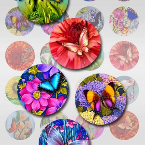 Butterflies Dragonflies Colorful Flowers Instant Download for Glass Resin Pendants 1,1.5 Inch Rounds JPEG (C-2)