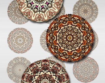 May include: A collection of 10 round, decorative, brown and beige mandala designs with intricate patterns. The mandalas are arranged in a grid pattern on a white background.