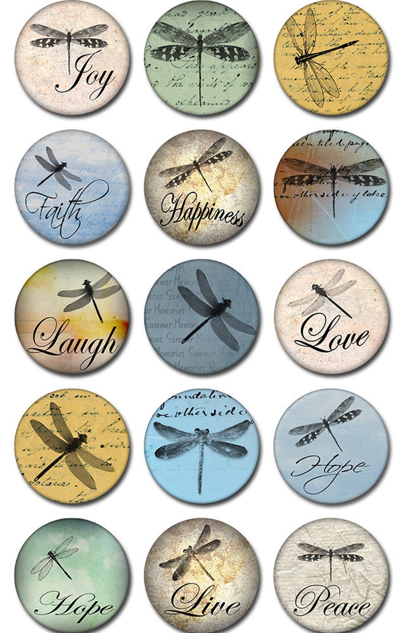 Dragonflies Round Inspirational Instant Download 1 and 2 Inch Collage Sheet JPEG MA-52 image 2