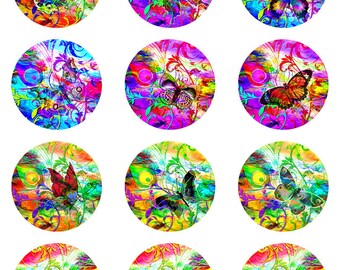 May include: Twelve colorful round stickers with a butterfly design. Each sticker features a different butterfly with vibrant colors and intricate patterns on a swirling background.
