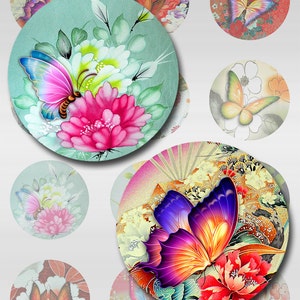 Butterflies Asian Florals Instant Download for Glass Resin Pendentifs Round 4 Pages of Tailles JPEG (AG-31C)