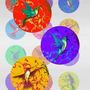 Hummingbirds Swirls Instant Download for Glass resin Pendants Round Jpeg 1 and 2 Inch & 14 mm Images D-8 image 1