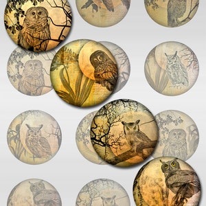 Owl Moon Ephemera Botanical Instant Download 1, 1.5, 2 Inch Rounds Circles for Glass and Resin Pendants (S-23)