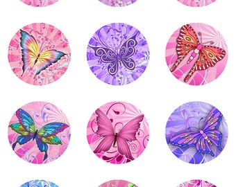 Butterflies Retro Sun Instant Download for Glass Resin Pendants 2, 1 Inch Digital Collage Sheet Round Jpeg Images (13-46)