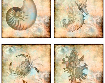 Ocean Sea Theme, Fish, Shells, Starfish, Seahorse, Instant Download, Digital Collage Sheet, 1&2 Inch Squares JPEG (17-5)