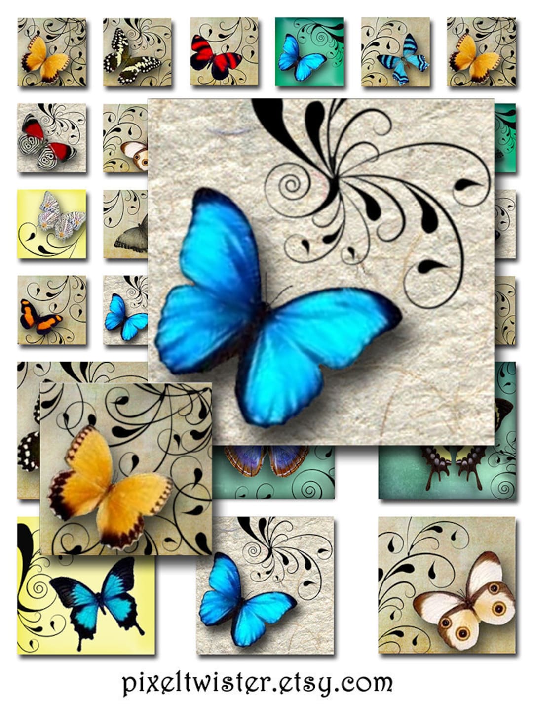 Butterflies Swirls 1 Inch and 2 Inch Squares Instant Download Digital ...