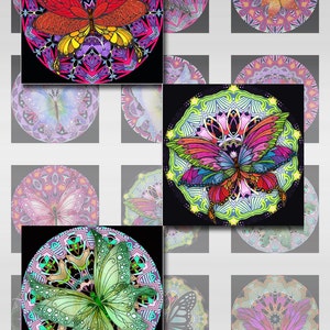 Puede incluir: Una colección de 10 diseños digitales de mandalas con mariposas coloridas. Cada mandala es un patrón circular con detalles intrincados y una mariposa en el centro. Las mariposas son de varios colores, incluyendo rojo, naranja, verde, azul y morado.