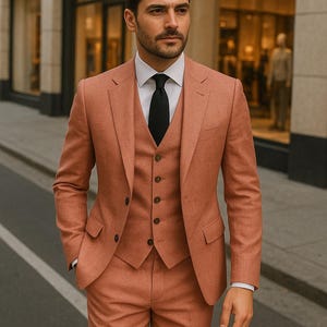 Men Suits Peach 3-Piece Slim Fit Two Button Wedding Groom Party Wear Coat Pant, Peach Slim Fit Groom Wedding Suit, Tuxedo, Peach Men Suit.