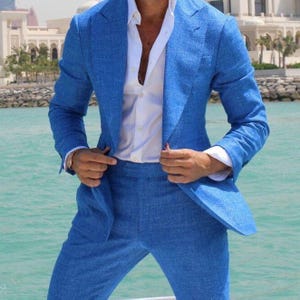 Traje de hombre - Traje clásico de lino azul, traje de lino para hombre, traje de fiesta, traje de graduación - Traje de fiesta, regalo de esmoquin.