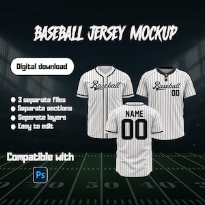 May include: Baseball jersey mockup featuring three white and black striped jerseys. The jerseys display the word "Baseball" and the numbers "00". The image includes the text "Digital download" and "Compatible with Ps".