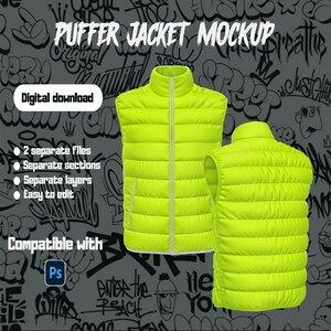 Peut inclure: Maquette numérique d'un gilet sans manches jaune fluo avec une fermeture éclair blanche, présentée en deux vues. Le texte "PUFFER JACKET MOCKUP" est en haut. Le texte supplémentaire comprend "Téléchargement numérique" et des détails sur les fichiers. Le fond est un motif de graffiti gris.