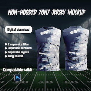 May include: A mockup of a non-hooded 7on7 jersey in navy blue and white. The jersey design features a camouflage pattern. The image includes the text "Digital download" and details about the digital file, including compatibility with Photoshop.