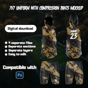 May include: Digital download of a 7v7 uniform mockup with compression pants. The design features a black and gold abstract pattern on a sleeveless hoodie and compression shorts. The hoodie has the text "NAME" and the number "23" on the back. Compatible with Photoshop.