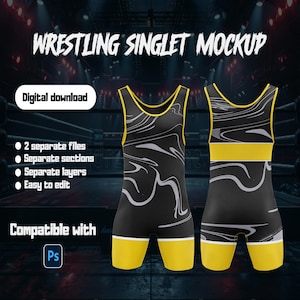May include: A mockup of a wrestling singlet in black with yellow and white accents. The singlet features a swirling design and is displayed from the front and back. Text on the image reads "Wrestling Singlet Mockup" and "Digital download."