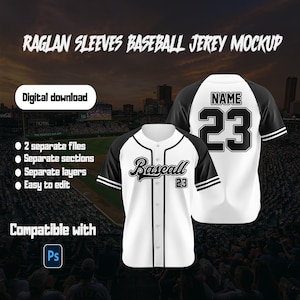 May include: White baseball jersey mockup with black raglan sleeves, featuring the text "Baseball" and the number "23". The design includes a digital download option and is compatible with Photoshop.