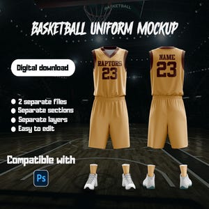 Puede incluir: Una maqueta de uniforme de baloncesto en oro y marrón. La parte delantera de la camiseta dice "RAPTORS 23", y la parte trasera dice "NAME 23". La imagen también incluye texto que dice "Descarga digital", "2 archivos separados", "Secciones separadas", "Capas separadas", "Fácil de editar" y "Compatible con Ps".