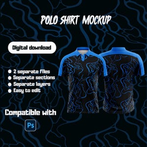 May include: A black polo shirt mockup with blue accents and a blue abstract design. The image includes the text "POLO SHIRT MOCKUP" and "Digital download". The design is compatible with Photoshop.