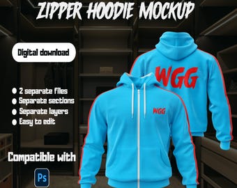 Makieta bluzy z kapturem 3D z zamkiem błyskawicznym: pliki PSD przód i tył