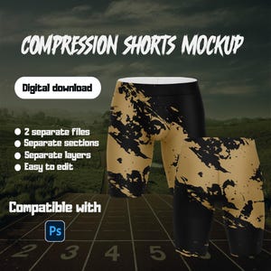 May include: Compression shorts mockup with a black and gold abstract design. The image includes the text "Compression Shorts Mockup" and "Digital download". The shorts are shown on a track with the text "Compatible with Ps".
