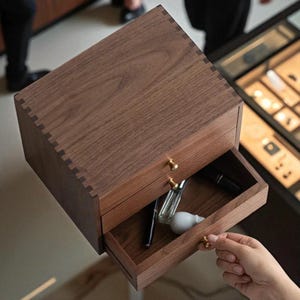 Elegant Walnut Wood Jewelry Organizer – 3-Tier Desktop Storage Cabinet with Brass Handles