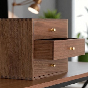 Walnut Wood Desktop Organizer – 3-Layer Jewelry Storage Cabinet with Brass Handles