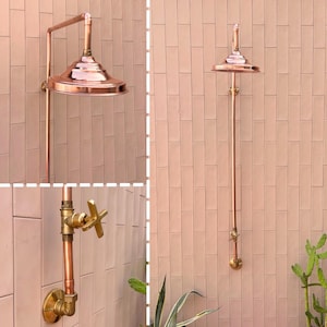Handcrafted Solid Copper Outdoor Rainfall Shower: Unlacquered Brass Fixtures