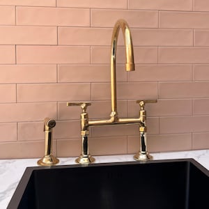 Unlacquered Brass Bridge Kitchen Faucet - Elegant Flared Base, 8&quot; Spread