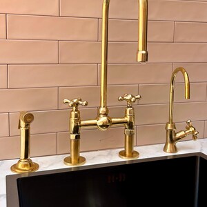 Handcrafted Unlacquered Brass Bridge Kitchen Faucet - Vintage Style