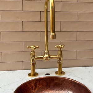Unlacquered Brass Bridge Faucet .High Gooseneck Spout.Solid Brass.kitchen faucet.