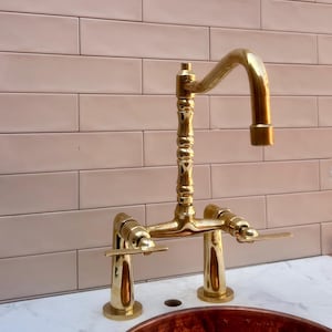 Solid Brass Victorian Kitchen Faucet: Unlacquered Deck Mount, 8-Inch Spread