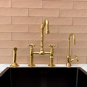 Handcrafted Unlacquered Brass Bridge Faucet.Vintage Brass Kitchen Faucet With Ball Center,Gooseneck Bridge Faucet