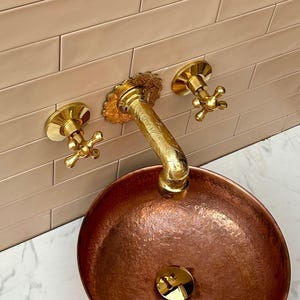 Unlacquered Brass Wall Mounted Bathroom .Vessel Sink Faucet ,Engraved  Faucet.Handmade Moroccan Faucet, powder room faucet, Gooseneck Faucet