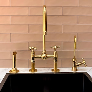 Unlacquered Brass Bridge Faucet.Vintage Brass Kitchen Faucet With Ball Center,Square Gooseneck Bridge Faucet.kitchen faucet