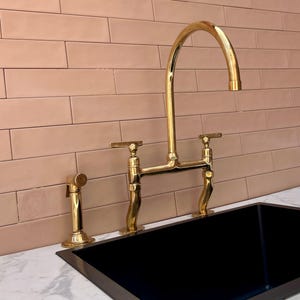 Unlacquered Brass Bridge Kitchen Faucet: Sculpted Legs, Optional Sprayer