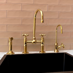 Unlacquered Brass Kitchen Faucet, Center ball Bridge Sink Faucet.kitchen faucet. Brass Bridge Faucet With Sprayer and Cold Water Faucet