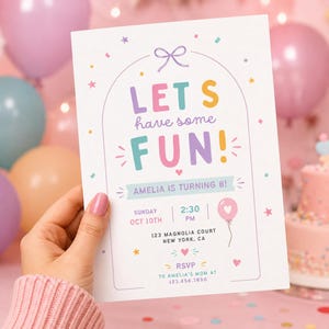May include: A white rectangular birthday invitation card featuring a purple bow graphic at the top and the colorful text LET'S have some FUN! with details stating AMELIA IS TURNING 8, Sunday Oct 10th at 2:30 PM, 123 Magnolia Court, New York, CA.