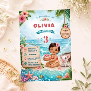Puede incluir: Una tarjeta de invitación de cumpleaños con una escena de playa tropical, un niño pequeño y un lechón. El texto incluye: THE OCEAN IS CALLING, OLIVIA IS TURNING 3, SATURDAY, FEBRUARY 18 AT 4:00PM, 1234 STREET ADDRESS, CITY AND STATE, RSVP TO MOM AT 123 456 7890.