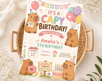 Invito di compleanno a tema capibara, modello di compleanno con capibara pastello, invito per festa con animali kawaii, modello Canva per bambini, download digitale
