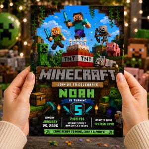 May include: A rectangular Minecraft-themed birthday invitation card featuring pixelated characters, a TNT cake, and the text: MINECRAFT, JOIN US TO CELEBRATE, NOAH IS TURNING 5, SUNDAY JANUARY 25, 2026, 2:00 PM, 123 ANY STREET, ANY CITY, ST 12345, RSVP TO MOM 123 456 7890, COME READY TO MINE, CRAFT & PARTY!