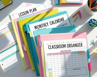 May include: A collection of colorful file folders and binders with printed labels, including "Lesson Plan," "Monthly Calendar," and "Classroom Organizer." The folders are in shades of pink, yellow, and teal, with a white surface and office supplies.