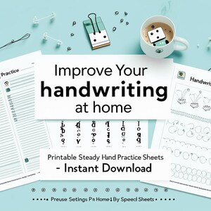 Può includere: Uno sfondo azzurro con fogli di esercizi di calligrafia, una penna d'oro e una tazza di caffè con un dado. Il testo recita "Migliora la tua calligrafia a casa" e "Fogli di esercizi di calligrafia stabile stampabili - Download istantaneo."