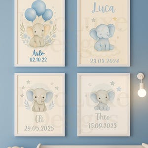 Personalised Baby Elephant Name Print – Blue Nursery Wall Art – Custom Birth Date Digital Download – Boys Room Decor