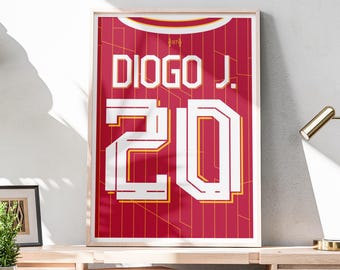 Pôster de Diogo Jota | Arte de parede de futebol | Impressão de camisa de futebol do Liverpool | Sala de jogos, caverna do homem, decoração de quarto, bar esportivo | A5, A4, A3